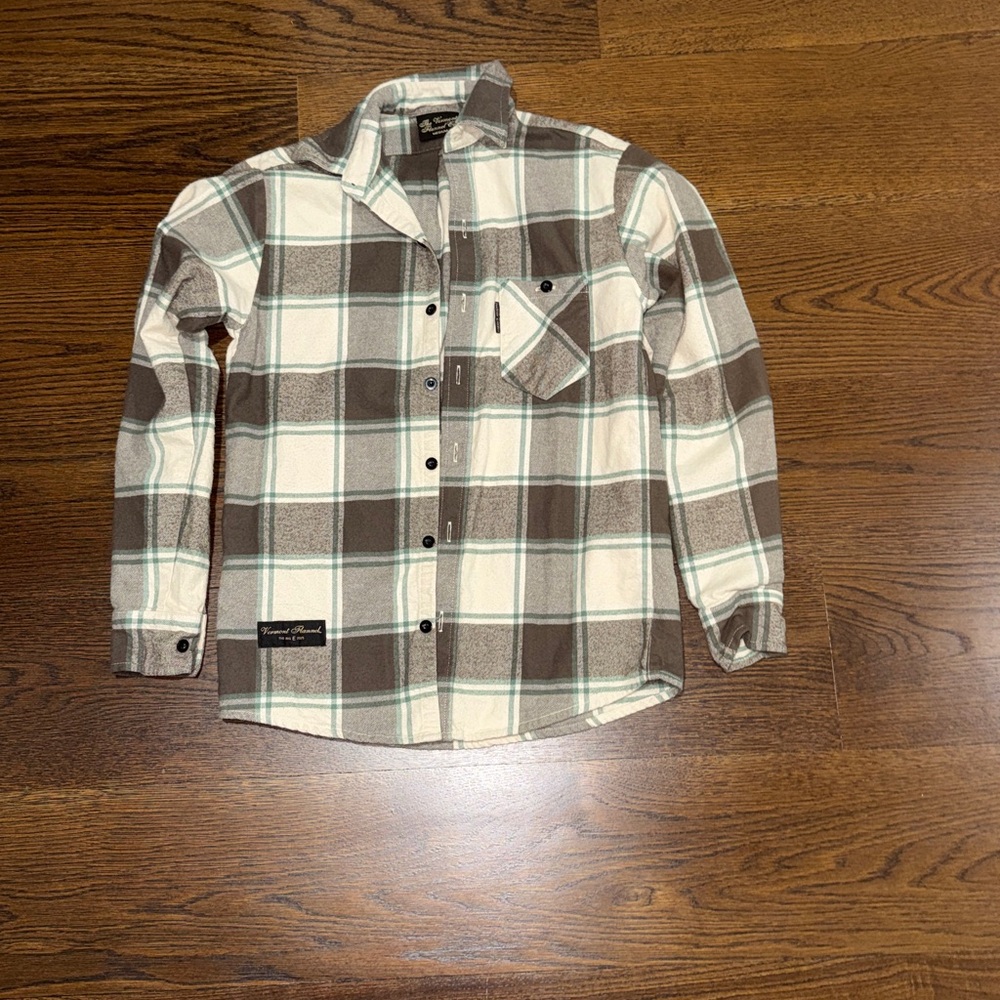 Brown and White Plaid Button-Up Shirt